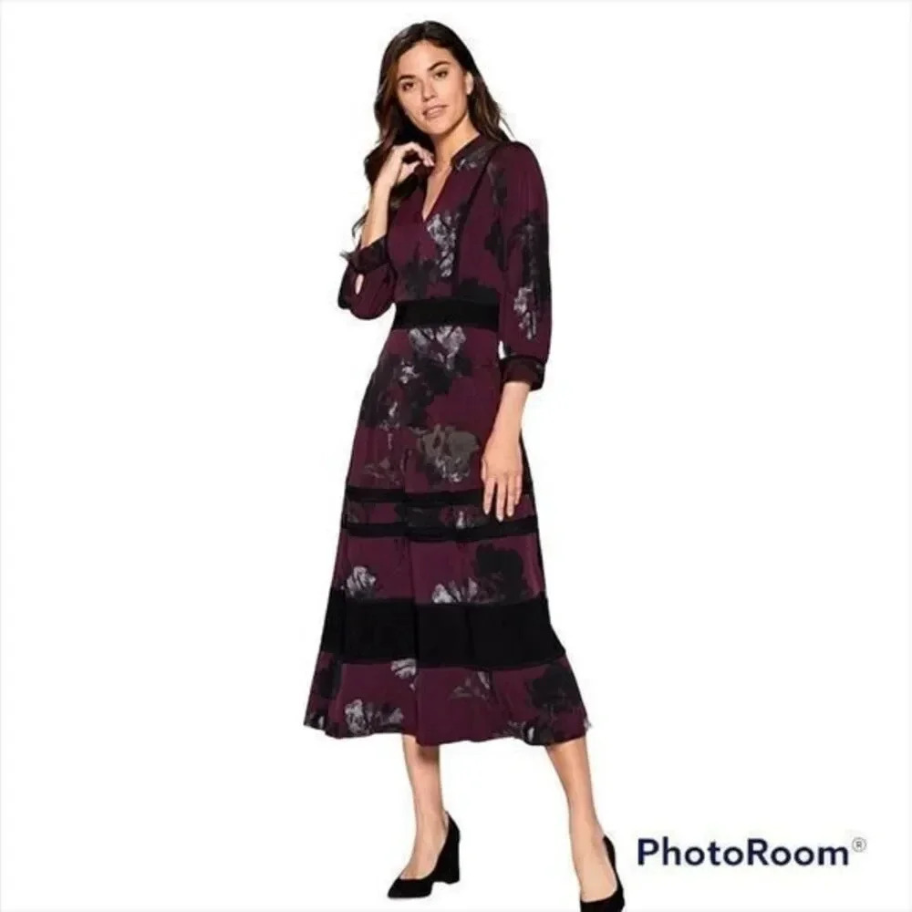 Taylor Floral Print V-Neck 3/4 Sleeve Jersey Midi Dress